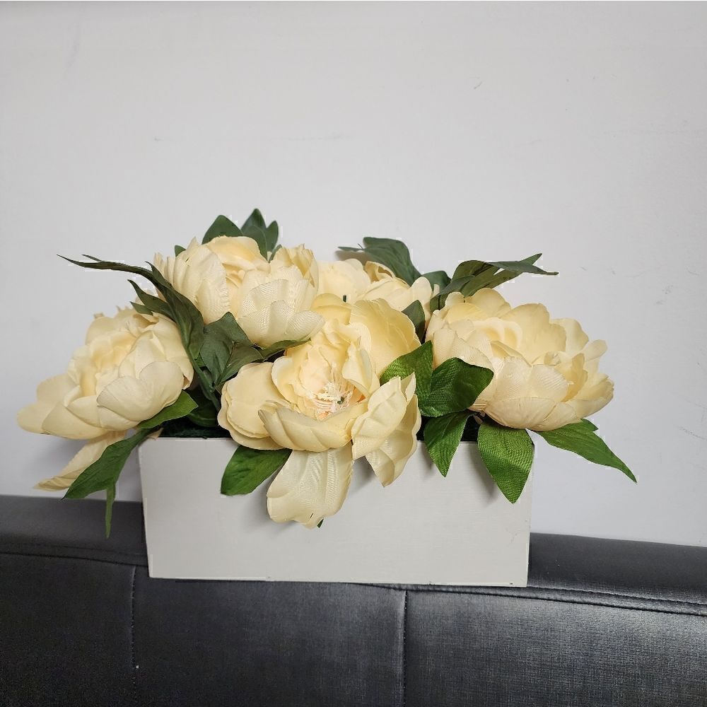 New Yellow Peony Arrangement ina wooden box / Spring centerpiece/ homedecor